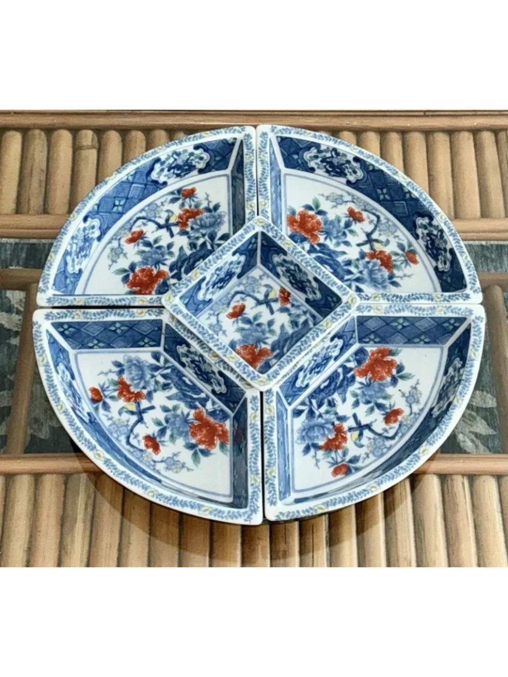 Chinoiserie Blue & White 5 Section Lazy Susan Serving Carousel Imari Porcelain